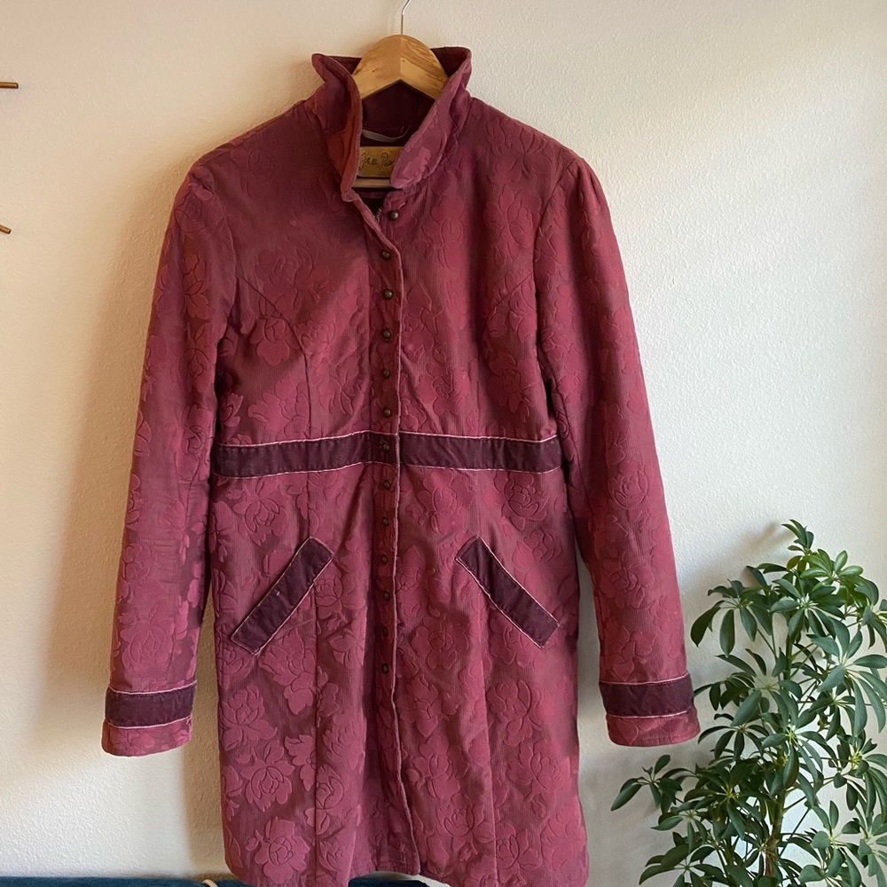 Free People Flocked Velvet Jacket Coat Size Large Burgundy Maroon Military
